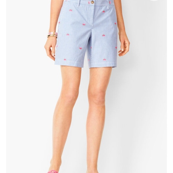 Talbots Girlfriend Chino Shorts Watermelon Print Blue White Stripes Cotton 2 - Picture 1 of 12